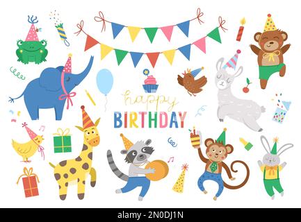 Set di simpatici animali allegri in cappelli da festa. Festa di compleanno collezione clipart. Pacchetto vacanze vettore con regalo luminoso, torta con candele, Illustrazione Vettoriale