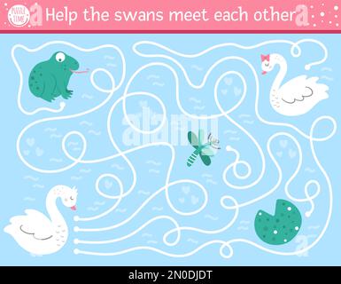 Labirinto di San Valentino per bambini. Attività formativa stampabile per le vacanze in età prescolare. Gioco divertente con gli uccelli. Romanticismo rompicapo con tema d'amore. Guida Illustrazione Vettoriale