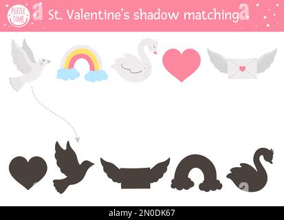 San Valentino ombra matching attività per bambini. Divertente puzzle con simpatici simboli di vacanza. Gioco educativo per bambini con tema d'amore. Individuare il punto c Illustrazione Vettoriale