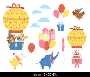 Set vettoriale di palloncini ad aria calda, animali carini, uccelli e nuvole. Adorabile pack di personaggi volanti. Divertente collezione di clipart di compleanno per scheda, poster, p Illustrazione Vettoriale