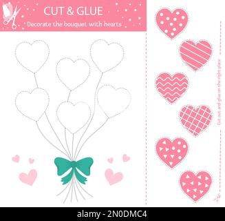 Vettore San Valentino taglio e attività di colla. Vacanza educativo gioco di creazione con oggetti tradizionali. Attività divertente per i bambini con tema d'amore. D Illustrazione Vettoriale