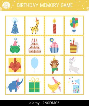 Carte vettoriali per giochi di memoria di compleanno con simboli tradizionali di festa. Attività di corrispondenza con personaggi divertenti. Ricordare e trovare la scheda corretta. Fe. Semplice Illustrazione Vettoriale