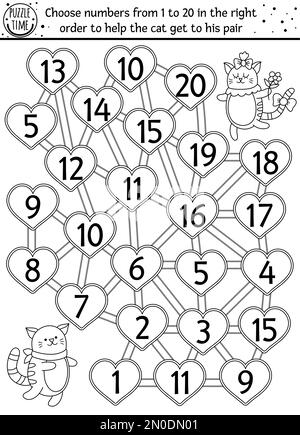 Labirinto di conteggio bianco e nero di San Valentino per bambini. Attività formativa stampabile durante le vacanze o pagina da colorare. Divertente gioco di matematica wit Illustrazione Vettoriale