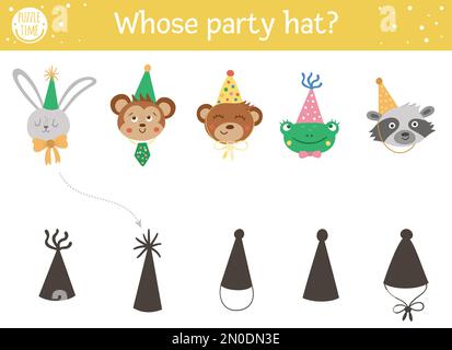 Attività di abbinamento delle ombre di compleanno per i bambini. Puzzle divertente con animali carini in cappelli da festa. Festa celebrazione gioco educativo per i bambini. Trova il co Illustrazione Vettoriale