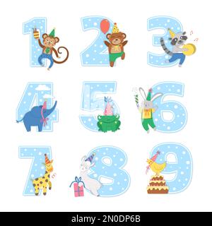 Numeri di festa di compleanno insieme con gli animali carini. Modelli di biglietti per l'anniversario per bambini. Illustrazione di festa blu brillante con foresta divertente e cha tropicale Illustrazione Vettoriale