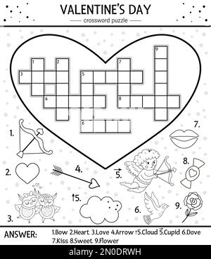 Puzzle di parole incrociate in bianco e nero Vector San Valentino per bambini. Semplice quiz a forma di cuore con oggetti vacanza o pagina da colorare. Acti educativi Illustrazione Vettoriale