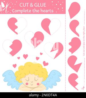 Vettore San Valentino taglio e attività di colla. Vacanza educativo crafting gioco con cupid carino e oggetto tradizionale. Attività divertenti per i bambini Illustrazione Vettoriale