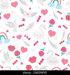 Modello vettoriale senza giunture con simboli del giorno di San Valentino. Ripetizione sfondo con carino lettera, rosa, cuori, piume, colomba, swan. Febbraio giocoso Illustrazione Vettoriale