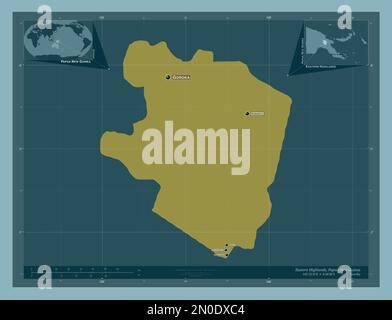 Highlands orientali, provincia di Papua Nuova Guinea. Forma a tinta unita. Località e nomi delle principali città della regione. Mappe delle posizioni ausiliarie degli angoli Foto Stock