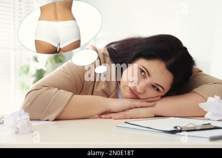 Donna sovrappeso sognando di corpo sottile a tavola. Concetto di perdita del peso Foto Stock