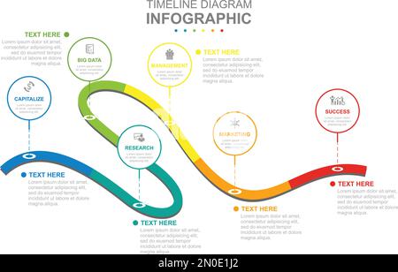 Modello aziendale infografico. Schema della linea temporale moderna con presentazione del concetto di viaggio su strada. Illustrazione Vettoriale