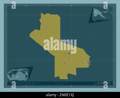 HeLa, provincia di Papua Nuova Guinea. Forma a tinta unita. Località e nomi delle principali città della regione. Mappe delle posizioni ausiliarie degli angoli Foto Stock