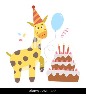 Vector Birthday party composizione con simpatica giraffa, torta, candele, palloncino. Design di sfondo per le feste per banner, poster, inviti. Carta festiva Illustrazione Vettoriale