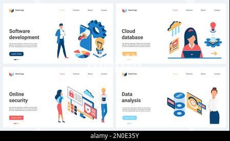 Sicurezza dei dati online, analisi di database cloud, illustrazione vettoriale del set di sviluppo software. Gli analisti di Cartoon Tiny People lavorano con piattaforme digitali, operazioni e algoritmi, servizi di analisi Illustrazione Vettoriale