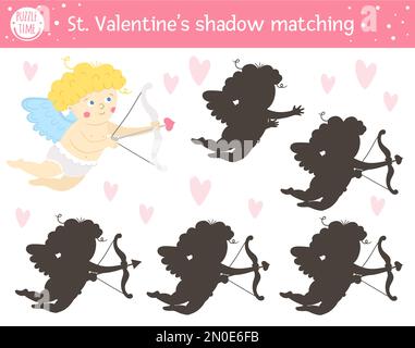 San Valentino ombra matching attività per bambini. Puzzle divertente con cupido carino. Vacanza gioco educativo per bambini con tema d'amore. Trova il decor Illustrazione Vettoriale