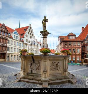 Hildesheim, Germania - 16 agosto 2012: Storica fontana in Piazza del mercato a Hildesheim Foto Stock