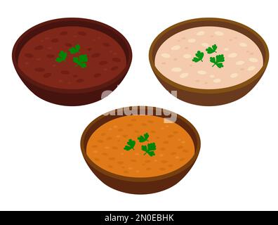 Set di ciotole per zuppa di fagioli rossi, fagioli bianchi e lenticchie. Disegno vegetariano dello stufato di legumi. Illustrazione di clip vettoriali cartoni animati. Illustrazione Vettoriale