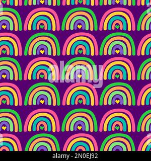 Arcobaleno senza cuciture motivo hippie stile trippy. Colorful cute estate dolce texture con cuori e arcobaleni per il disegno bambini carta da parati, involucro, vestito Illustrazione Vettoriale