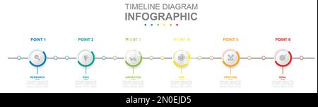 Modello aziendale infografico. Diagramma della linea temporale moderna a 6 passi con argomenti del cerchio del titolo. Presentazione del concetto. Illustrazione Vettoriale