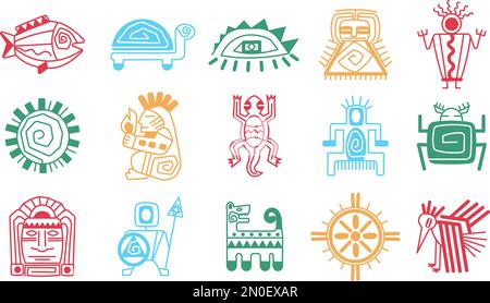 Simboli isolati del totem maya aztec. Segni messicani, sole, tartaruga, teste tiki. Icone indigene di dio tribale indiano. Camaleonte astratto, decent set vettoriale Illustrazione Vettoriale
