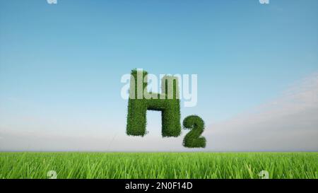 La lettera che indica idrogeno molecolare è ricoperta di erba sullo sfondo di un prato verde ECO 3D render Foto Stock