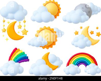 Cartone animato 3D elementi meteo. Sole luna e stelle, arcobaleno e nuvole soffici. Natura oggetti plastilina, rendering stile design. Vettore pithy mattutino notturno Illustrazione Vettoriale