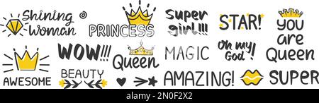 Lettere positive per le ragazze. Adesivi frasi regina, principessa, bellezza con corona di doodle, cuore, stelle. Set scritto a mano decorativo vettoriale Illustrazione Vettoriale