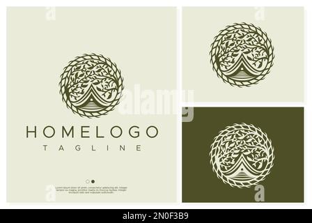 Grafica vintage tree home logo design. Vettore modello logo casa verde. Illustrazione Vettoriale