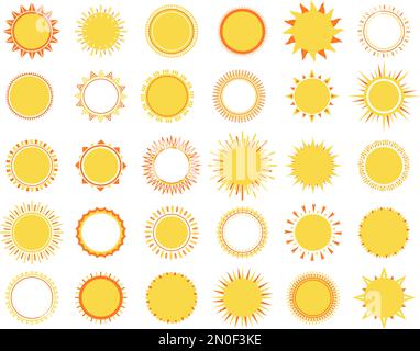 Icone sole, design di badge soleggiati. Etichette e adesivi, elementi decorativi per sole. Vector Sunburst varie forme. Estate primavera caldo simboli meteo Illustrazione Vettoriale