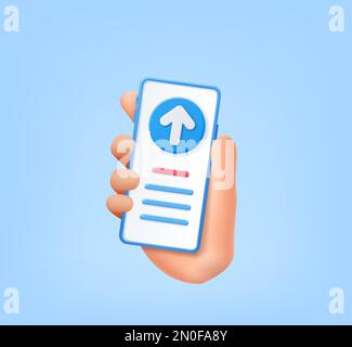 3d telefono cellulare in mano con caricamento dei dati sul cloud Illustrazione Vettoriale