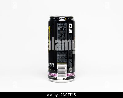 Monster Energy Dub Edition 'BFC' sul retro con fatti nutrizionali. 32oz lattina di bevanda a grande energia con l'artiglio d'oro. Il formato 946ml è stato venduto negli Stati Uniti. Foto Stock