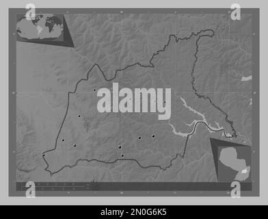 Caaguazu, dipartimento del Paraguay. Mappa in scala di grigi con laghi e fiumi. Posizioni delle principali città della regione. Posizione ausiliaria angolo ma Foto Stock