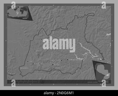 Caaguazu, dipartimento del Paraguay. Mappa altimetrica bilivello con laghi e fiumi. Località e nomi delle principali città della regione. Pos. Ausiliario angolo Foto Stock