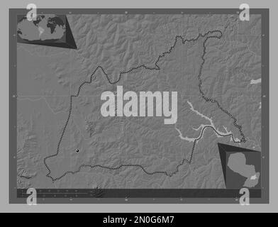 Caaguazu, dipartimento del Paraguay. Mappa altimetrica bilivello con laghi e fiumi. Mappe delle posizioni ausiliarie degli angoli Foto Stock