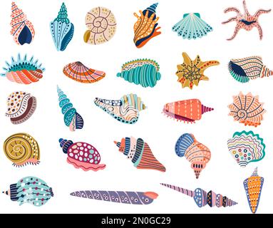 Conchiglia di Doodle. Illustrazioni vettoriali colorate stilizzate di conchiglie marine recenti immagini set isolato Illustrazione Vettoriale