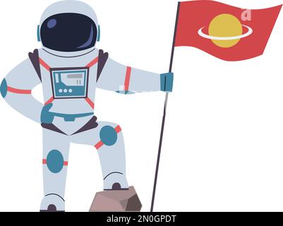 Astronauta stand con bandiera. Esplorazione di COSMOS. Scoperta del pianeta Illustrazione Vettoriale