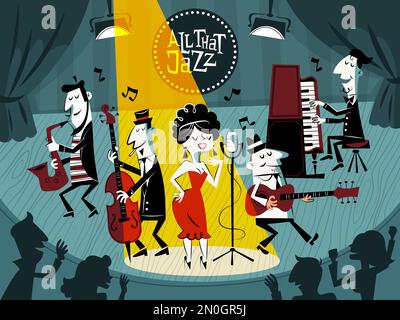 Concerto di jazz cartoon. Festival di musica, performance di palco pubblico, musicisti in club, band divertente, cantante ragazza, sassofonista, simpatico pianista e chitarrista Illustrazione Vettoriale
