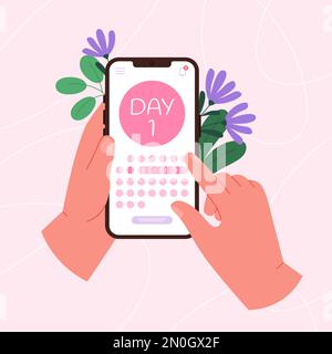 App calendario periodo ragazza in smartphone. Pianificazione della gravidanza, ciclo mestruale e ovulazione. Concetto di vettore racy per il monitoraggio delle mestruazioni digitali Illustrazione Vettoriale