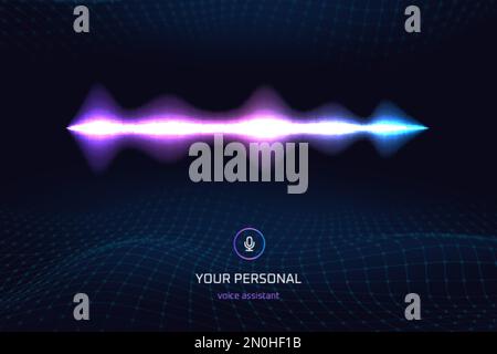 Riconoscimento vocale. Ai Assistant Ascolta microfono per telefono vocale, tecnologia di comunicazione contemporanea, registrazione al neon soundwave messaggi audio equalizzatore del suono vettoriale illustrazione della voce ai tecnologia intelligente Illustrazione Vettoriale