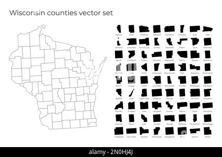 Mappa del Wisconsin con forme delle regioni. Mappa vettoriale vuota dello Stato degli Stati Uniti con le contee. Confini dello stato degli Stati Uniti per la vostra infografica. Illustrazione Vettoriale