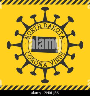 Corona virus in North Dakota segno. Badge rotondo con forma di virus e mappa del North Dakota. Giallo US stato epidemia bloccare il timbro. Illustrazione vettoriale. Illustrazione Vettoriale