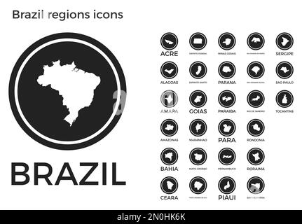 Icone delle regioni del Brasile. Logo tondi neri con mappe e titoli delle regioni dei paesi. Illustrazione vettoriale. Illustrazione Vettoriale