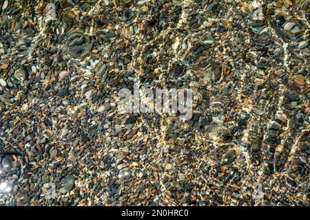 La texture del fondo. Molte piccole pietre sono visibili sotto l'acqua limpida. Acqua increspata del mare, raggi di sole sulle rocce. Foto Stock