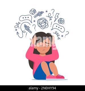 Triste ragazza seduta sul pavimento circondata da un flusso di pensieri ansiosi. Autismo, stress infantile, disturbi mentali, ansia, depressione, stress, mal di testa. CHIL Illustrazione Vettoriale