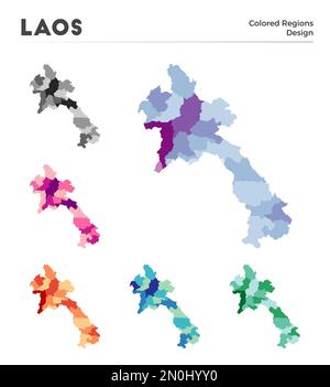 Laos mappa raccolta. Confini del Laos per la vostra infografica. Regioni di paese colorate. Illustrazione vettoriale. Illustrazione Vettoriale