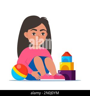 Ragazza triste seduta sul pavimento circondata da giocattoli. Autismo, stress infantile, disturbi mentali, ansia, depressione, stress, mal di testa. Illustrazione vettoriale Illustrazione Vettoriale