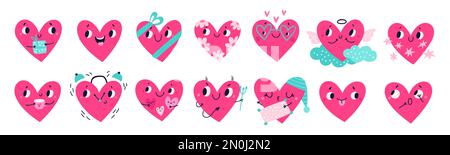 Carino cuore emoji. Cartoon simboli romantici. Personaggi sorridenti. San Valentino rosa con emozioni positive. Volti graziosi. Icone Amour. Romanticismo e. Illustrazione Vettoriale