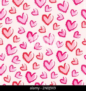 Romantico motivo senza cuciture con cuori rosa carino su sfondo rosa chiaro. Lo stile del disegno dei bambini. Espressione di sentimenti di amore e di simpatic Illustrazione Vettoriale