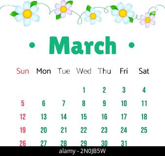 Marzo 2023 Calendario. Marzo 2023 Calendario illustrazione vettoriale. Modello vettoriale calendario da parete, design semplice e minimo. Modello calendario da parete per ma Illustrazione Vettoriale