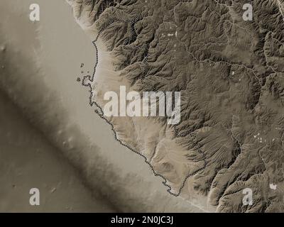 ICA, regione del Perù. Mappa dell'altitudine colorata in tonalità seppia con laghi e fiumi Foto Stock